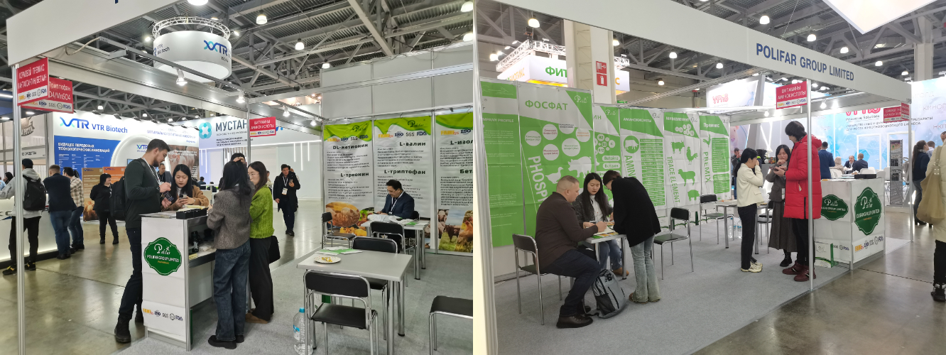 Customers consult feed additive products at the exhibition.
